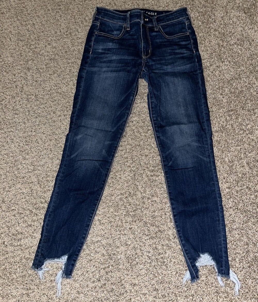 American Eagle Hi-Rise Jegging Crop Jeans Dark Wash Frayed Step Hem Size 6 Long